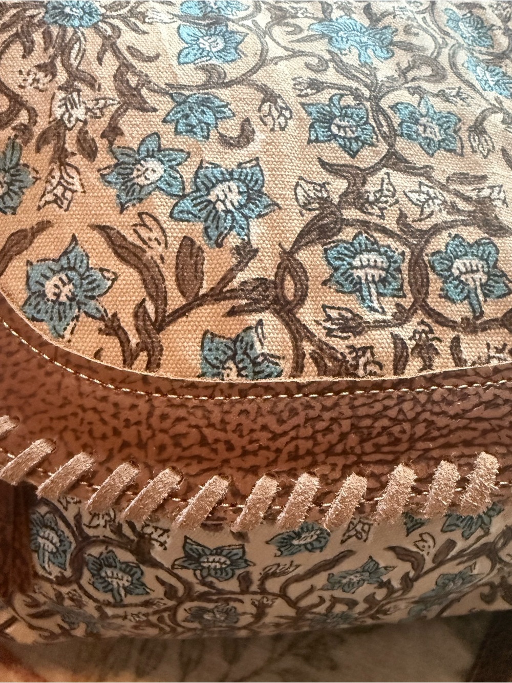 Myra Handcrafted Blue Floral Crossbody Bag with Brown Leather Trim - Picture 4 of 10